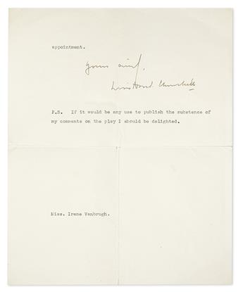 CHURCHILL, WINSTON S. Typed Letter Signed, with holograph salutation and closing, to actress Irene Vanbrugh (My dear Miss Vanbrugh),